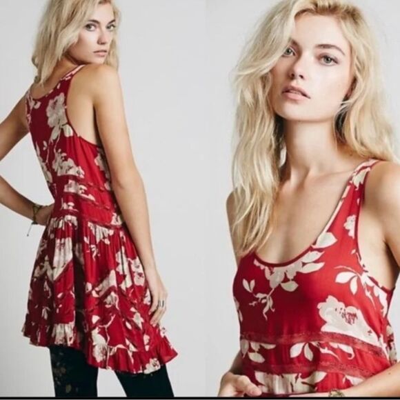 Free People Intimately Tank Tunic/Dress in Red Blush Floral with Lace Accents- M - Picture 1 of 7